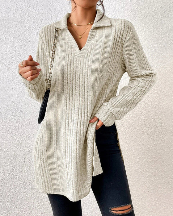 Geribbelde effen top met revers