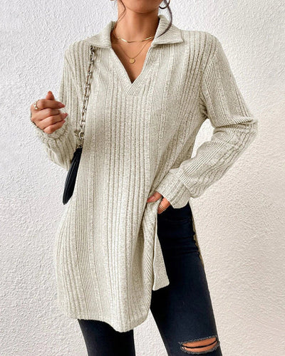 Geribbelde effen top met revers