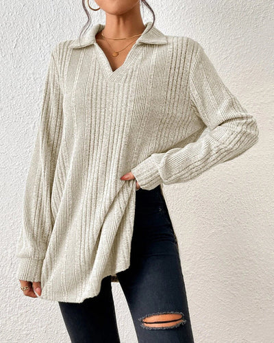 Geribbelde effen top met revers