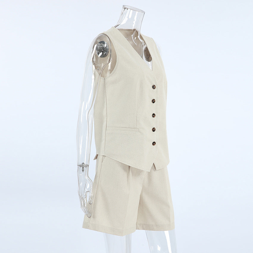 Eliza | Mouwloze Blazer met V-hals en Korte Broek