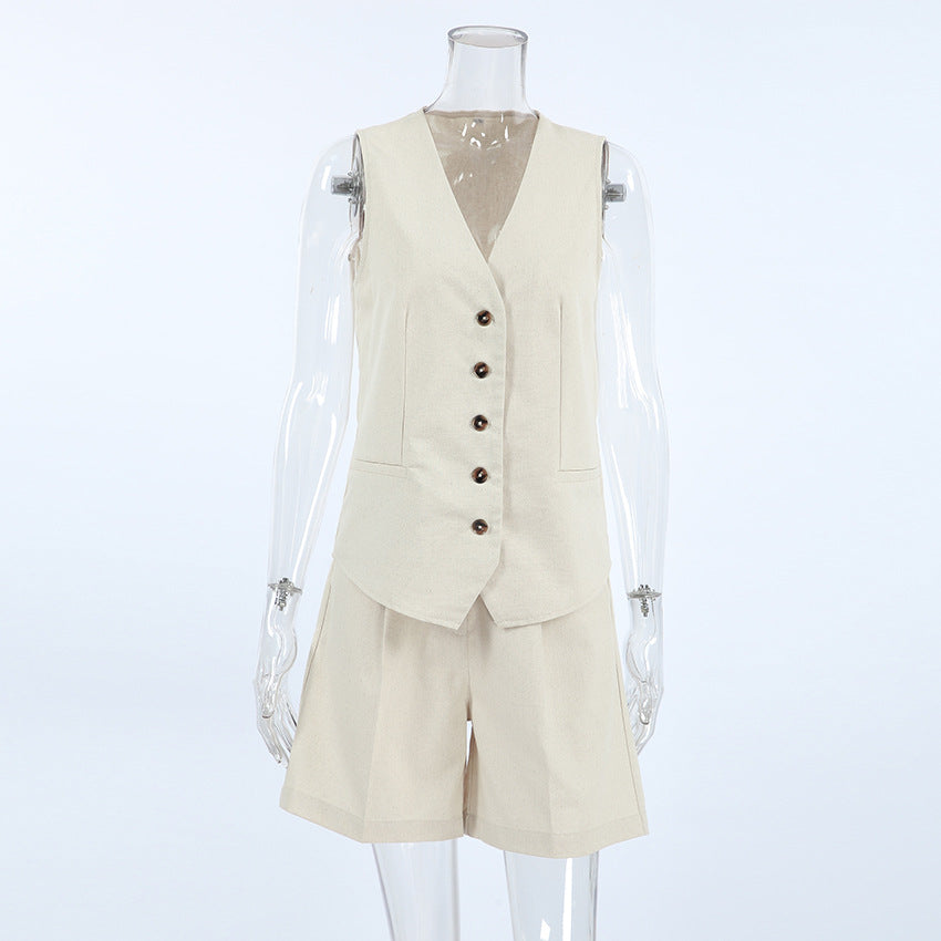 Eliza | Mouwloze Blazer met V-hals en Korte Broek