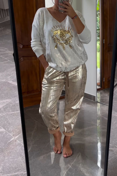 Valissa | Modieuze paillettentop en bruine broek