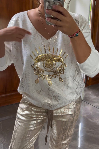 Valissa | Modieuze paillettentop en bruine broek