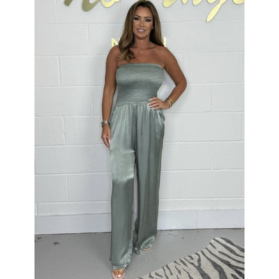 Callisto | Strapless jumpsuit met wijde pijpen