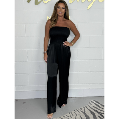 Callisto | Strapless jumpsuit met wijde pijpen