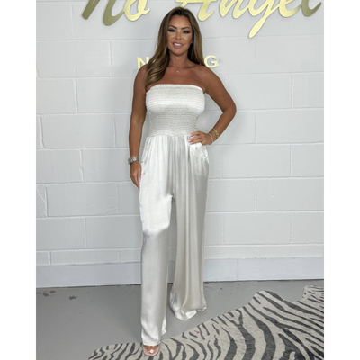 Callisto | Strapless jumpsuit met wijde pijpen