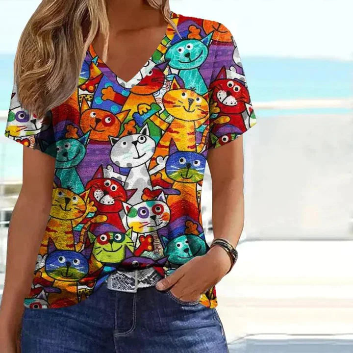 Layla | Kleurrijk T-shirt met Kattenprint